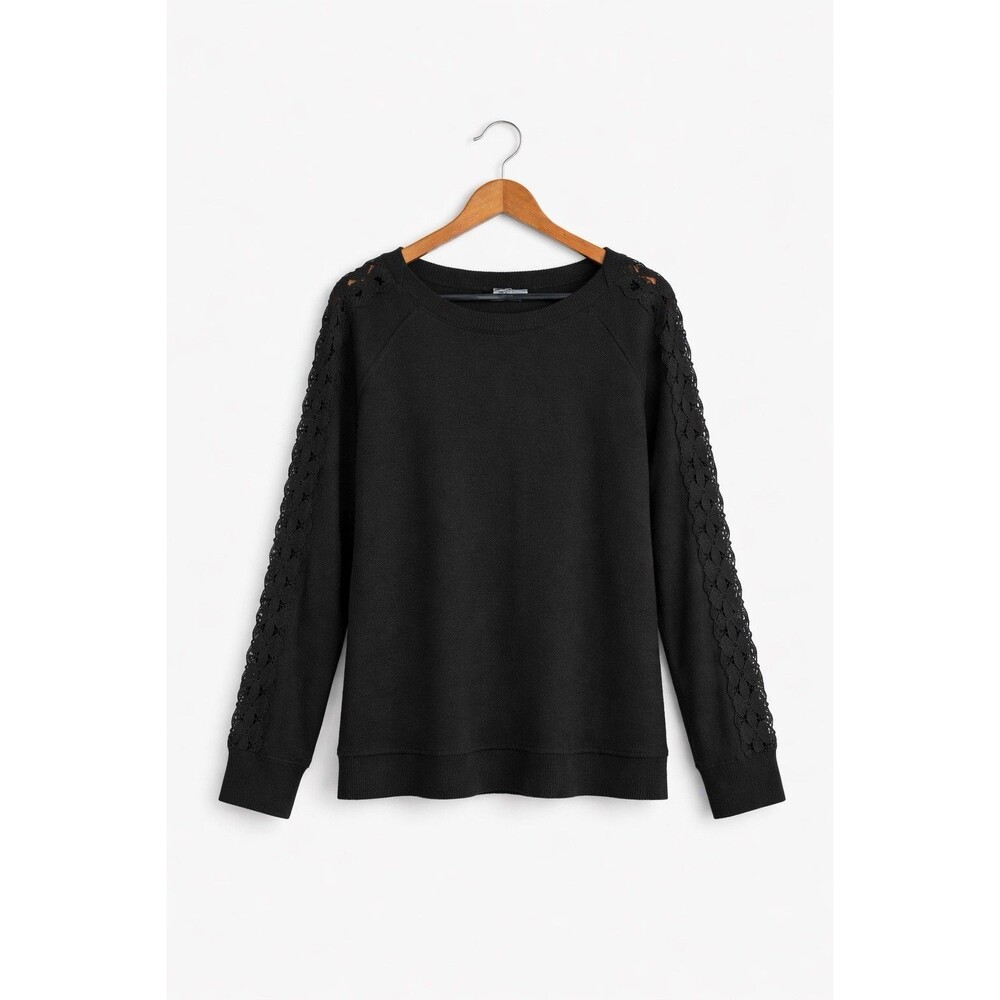 Wit & Wisdom Womens XL Black Knit Top Lace Sleeve Crew Neck Stretch Casual